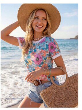 Women's SHEIN Colorful Floral Short Sleeve Top - White Trim - Crew Neck - Medium